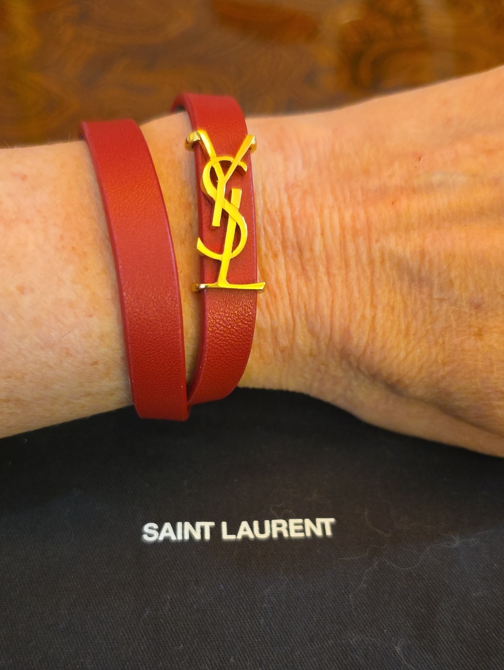 Saint Laurent Red Leather Double-Wrap Bracelet with Gold YSL Emblem